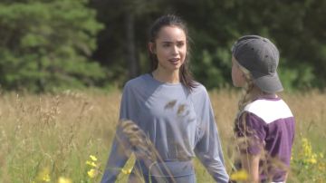 Sheer Blue Long-Sleeve Running Top worn by April (Sofia Carson) in Feel the Beat