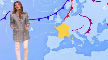 The jacket blazer plaid linen Chloé Nabédian in Weather of France 2 on the 16.07.2020
