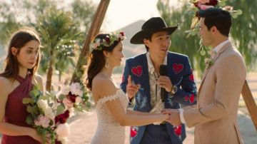 Tara Lauren wedding dress worn by Tala (Camila Mendes) in Palm Springs