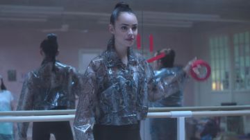 Asoph Vinyl Snakeskin Crop Jacket worn by April (Sofia Carson) in Feel the Beat