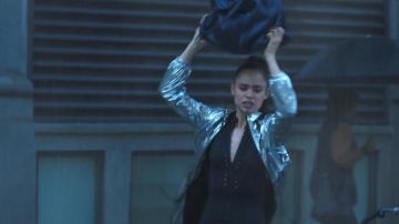Silver Metallic windbreaker worn by April (Sofia Carson) in Feel the Beat
