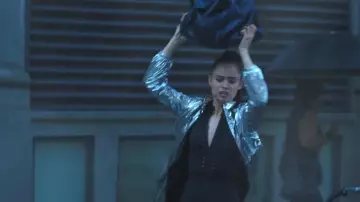 Silver Metallic windbreaker worn by April (Sofia Carson) in Feel the Beat