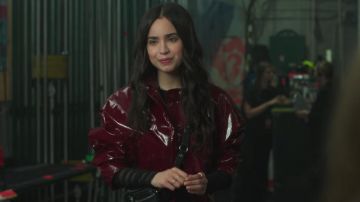 The jacket vinyl short cerise scope by April (Sofia Carson) in Feel the Beat