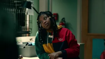 Outfits of Project Power: Robin (Dominique Fishback) wears U.S.A. ColorBlock Hoodie in the movie