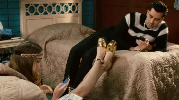 Céline Metallic Gold Round Toe Dorsay Ankle Strap Platform worn by Alexis Rose (Annie Murphy) in Schitt's Creek (S01E10)