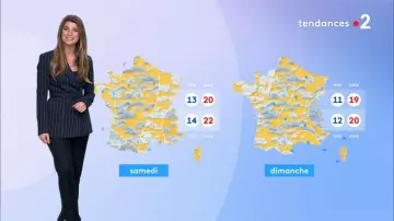 The blazer jacket with belt Navy blue of Chloé Nabédian in the weather of France 2 the 25.08.2020