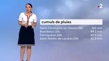 La robe pull droite zippée marine de Virginie Hilssone dans Météo de France 2 le 29.08.2020