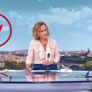 La blouse nude en crêpe de Chine motif fleurs de pavot de Caroline Roux dans Télématin les 4 V sur le compte Instagram de @brown19992014