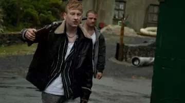 Shearling Leather Jacket worn by Dympna as seen in Calm with Horses movie wardrobe