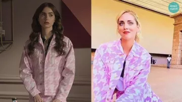 Chiara Ferragni Pink Houndstooth Denim Jacket porté par Emily Cooper (Lily Collins) dans la garde-robe de la série télévisée Emily in Paris (Saison 1 Episode 10)