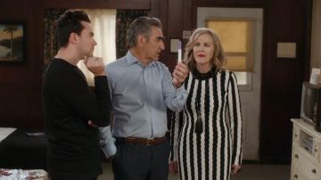 Alexander Wang Long-Sleeve Striped Open-Knit Sheath Dress worn by Moira Rose (Catherine O'Hara) in Schitt's Creek (S04E02)