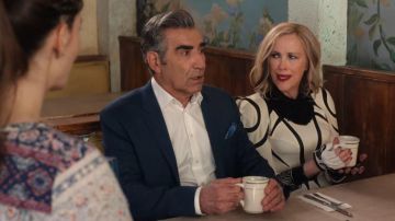 Junya Watanabe Off-White Mesh-Paneled Crepe-Jersey Dress worn by Moira Rose (Catherine O'Hara) in Schitt's Creek (S06E10)