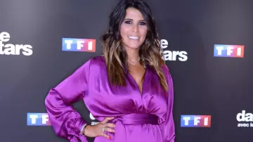 Short dress long sleeves in purple satin by Karine Ferri Karine Ferri in the show Dance with the Stars