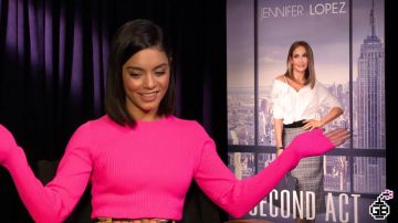Hot pink cropped long sleeve sweater worn by Vanessa Hudgens in JLo, Vanessa Hudgens & Lteah Remini - Second Act Interview (2018)