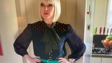 Black Bright Spot Blouse with Sheer Sleeves of Agatha Raisin (Ashley Jensen) in Agatha Raisin (S03E05)