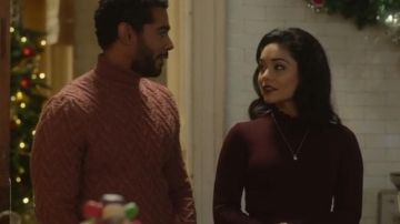 Wine red dress, long sleeves worn by Stacy / Margaret / Fiona Vanessa Hudgens in The Princess Switch: Switched Again
