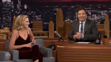 Derek Lam velvet caraco pants and top worn by Margot Robbie on The Tonight Show Starring Jimmy Fallon