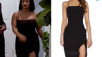 El vestido negro ajustado y con tirantes divididos usado por Fatima (Crystal Hayslett) en Sistas (Temporada 2 Episodio 11)