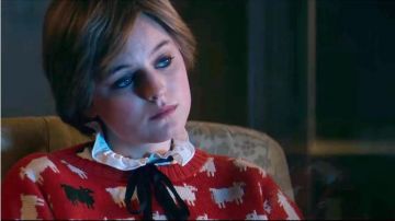 Sheep Printed Red Sweater worn by Princess Diana (Emma Corrin) as seen in The Crown Wardrobe (Season 4)