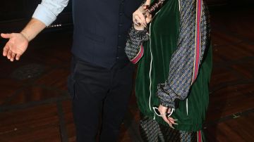 Gucci track pants worn by Billie Eilish backstage at "Harry Potter and The Cursed Child, Parts 1 & 2" on Broadway at The Lyric Theatre on September 29, 2019