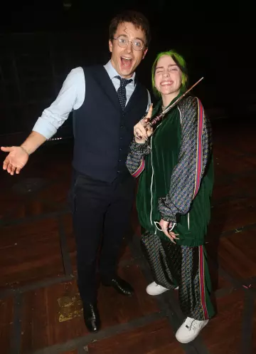 Nike Air Force 1 White Sneakers worn by Billie Eilish backstage at "Harry Potter and The Cursed Child, Parts 1 & 2" on Broadway at The Lyric Theatre on September 29, 2019