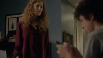 Wardrobe of The Undoing: Grace Fraser (Nicole Kidman) wears Burgundy Ruffle Blouse Shirt in season 1, episode 1 of the TV series