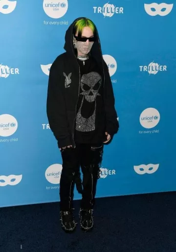 Custom × Imran Potato Grim Face Slumpy Kev long sleeve worn by Billie Eilish for UNICEF Masquerade Ball at Kimpton La Peer Hotel on October 26, 2019 in West Hollywood, California