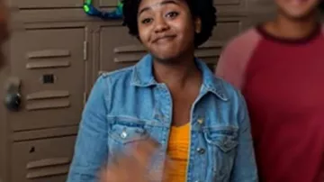 Denim jacket worn by Amaya as seen in Moxie movie outfits (Anjelika Washington)