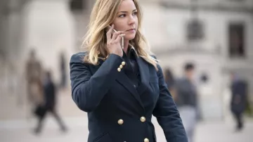 Derek Lam Navy Blazer with Gold Buttons worn by Sharon Carter (Emily VanCamp) in The Falcon and the Winter Soldier TV series outfits (Season 1 Episode 6)