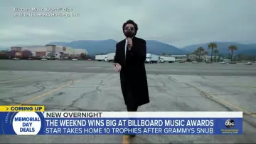 Black Trench Coat of The Weeknd in The Weeknd wins big at Billboard Music Awards l GMA