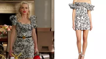 Robe courte fleurie noire et blanche porté par Alexis Carrington (Nicollette Sheridan) dans Dynastie (S04E04)