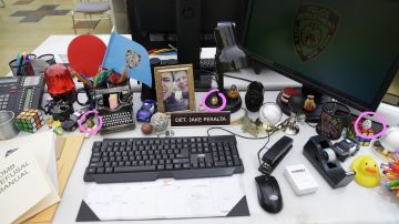 Little Owl Figurines on the desk of Jake Peralta (Andy Samberg) in Brooklyn Nine-Nine 