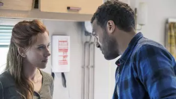 Blue check shirt worn by Mason (O. T. Fagbenle) in Black Widow