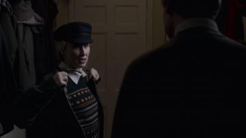 The hunting shirt plaid of Princess Anne (Erin Doherty) in the series The Crown (S04E01)