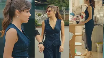 La chaqueta de traje sin mangas a rayas de Eda Yildiz (Hande Erçel) en Sen Çal Kapimi (Temporada 1 Episodio 14)