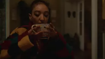 Lazy Oaf Coloured Cube Fleecey Coat worn by Ola Nyman (Patricia Allison) in Sex Education outfits (Season 3 Episode 3)