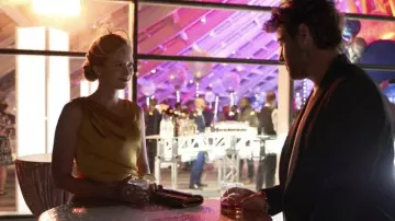 Taylor Petite Draped Satin Midi Dress in gold worn by Jenny Banks (Elizabeth Lail) as seen in Ordinary Joe wardrobe (Season 1 Episode 1)