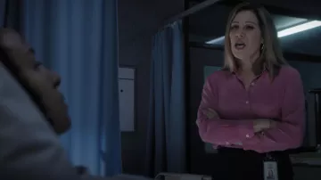 Theory Button-Front Silk Tie-Cuff Shirt in pink worn by Ann Reynolds (Jane Hall) as seen in Wentworth TV series outfits (S09E05)