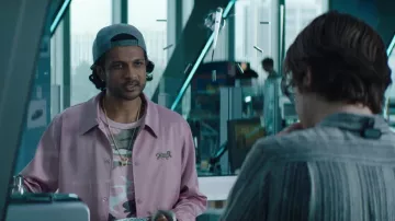 Ovadia Mens Satin Coaches Jacket in pink worn by Mouser (Utkarsh Ambudkar) as seen in Free Guy movie