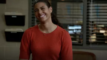 Madewell pointelle puff sleeve sweater worn by Kylie Estevez (Katelynn Shennett) as seen in Chicago Fire TV series (Season 10 Episode 2)