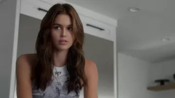 Off-White Logo Print Cropped Top worn by Kendall Carr (Kaia Jordan Gerber) as seen in American Horror Story TV series wardrobe (Season 10 Episode 7)