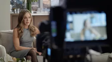 Alexandre Vauthier Houndstooth Pleated Dress worn by Alex Levy (Jennifer Aniston) as seen in The Morning Show TV show wardrobe (Season 2 Episode 3)