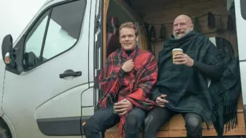 Red tartan scarf used by Self (Sam Heughan) as seen in Men in Kilts: A Roadtrip with Sam and Graham Tv series outfits from Season 1