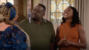 Hervé Léger Mock Neck Basket Weave Top worn by Tina (Tichina Arnold) as seen in The Neighborhood TV show outfits (Season 4 Episode 3)