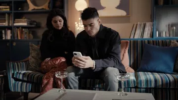 Maisie Wilen Jet printed shell straight-leg pants worn by Mabel Mora (Selena Gomez) as seen in Only Murders in the Building TV series wardrobe (S01E08)