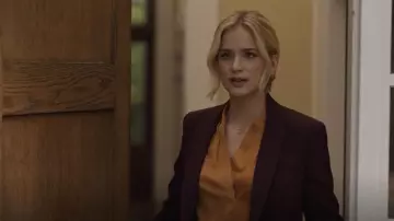 Kobi Halperin Nellie Pleated V-Neck Long-Sleeve Blouse worn by Jenny Banks (Elizabeth Lail) as seen in Ordinary Joe (S01E02)
