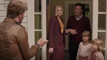 Veronica Beard Scuba Jacket in maroon worn by Jenny Banks (Elizabeth Lail) as seen in Ordinary Joe TV show wardrobe (Season 1 Episode 2)