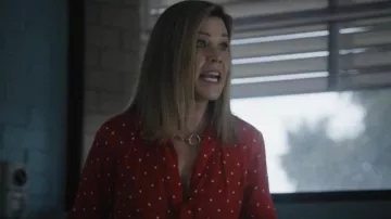 Maje Lip­ia tie-neck pol­ka-dot satin-jacquard blouse worn by Ann Reynolds (Jane Hall) as seen in Wentworth Tv series wardrobe (Season 9 Episode 5)