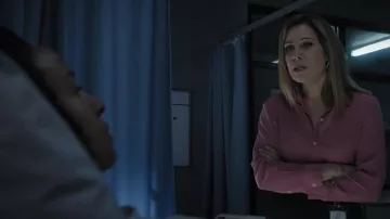 Theory Button-Front Silk Tie-Cuff Shirt in pink worn by Ann Reynolds (Jane Hall) as seen in Wentworth Tv series outfits (Season 9 Episode 5)