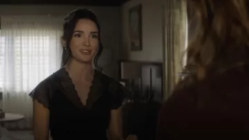 Maje Lilio Lace-Trim Top in black worn by Bess Marvin (Maddison Jaizani) as seen in Nancy Drew TV series wardrobe (S03E01)